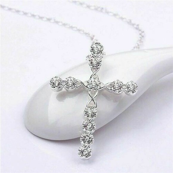 NEW S925 Sterling Silver Diamond Cross Necklace - Picture 3 of 9